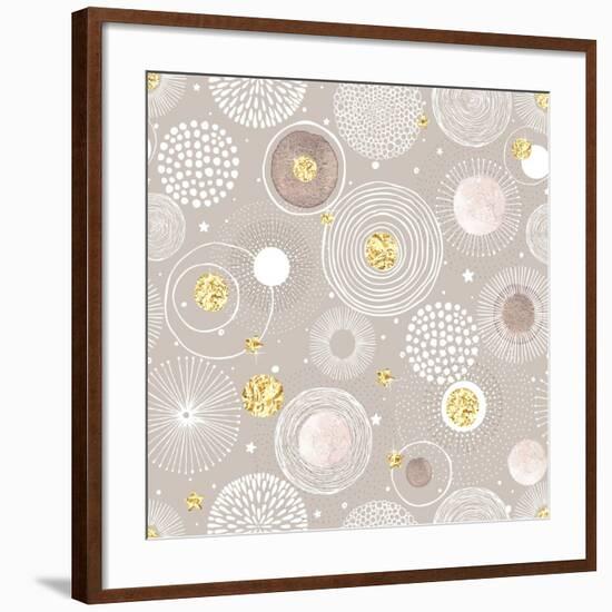 Seamless Christmas Background with Doodle Circles Randomly Distributed, Golden Foil Circles, Waterc-Nikiparonak-Framed Art Print