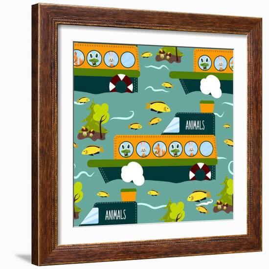 Seamless Cute Animal Wild Forest on the Ship Texture Design. Cartoon Style. Vector Illustration-Alena Dubinets-Framed Art Print