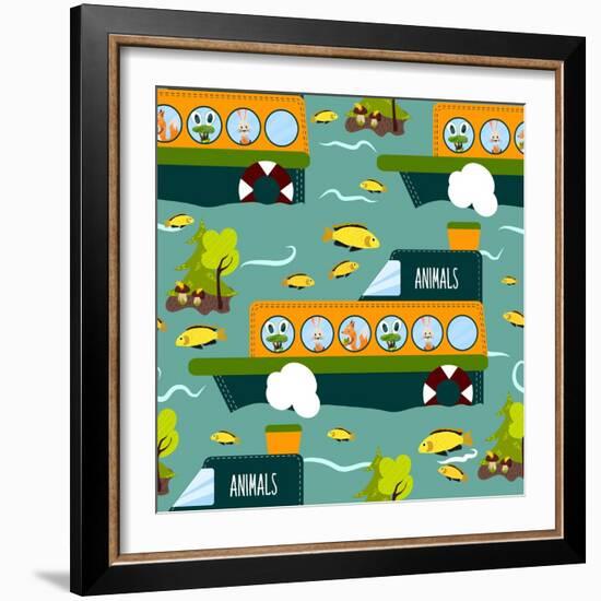 Seamless Cute Animal Wild Forest on the Ship Texture Design. Cartoon Style. Vector Illustration-Alena Dubinets-Framed Art Print