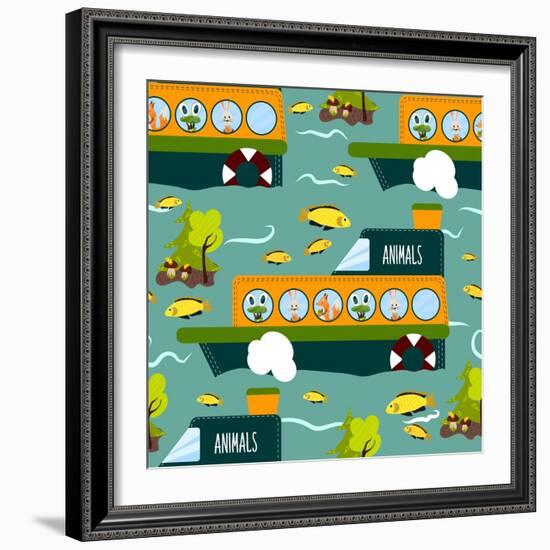 Seamless Cute Animal Wild Forest on the Ship Texture Design. Cartoon Style. Vector Illustration-Alena Dubinets-Framed Art Print