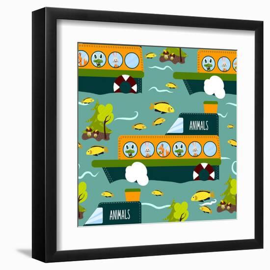 Seamless Cute Animal Wild Forest on the Ship Texture Design. Cartoon Style. Vector Illustration-Alena Dubinets-Framed Art Print