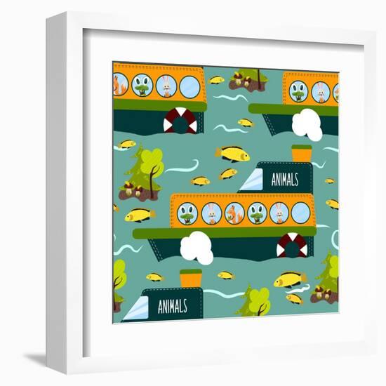 Seamless Cute Animal Wild Forest on the Ship Texture Design. Cartoon Style. Vector Illustration-Alena Dubinets-Framed Art Print