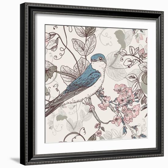 Seamless Floral Background with Bird-Varvara Kurakina-Framed Art Print