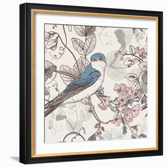 Seamless Floral Background with Bird-Varvara Kurakina-Framed Art Print