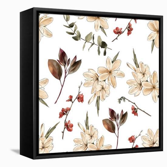 Seamless Floral Boho Print with White Flowers and White Background-Materinstvo_eto-Framed Stretched Canvas