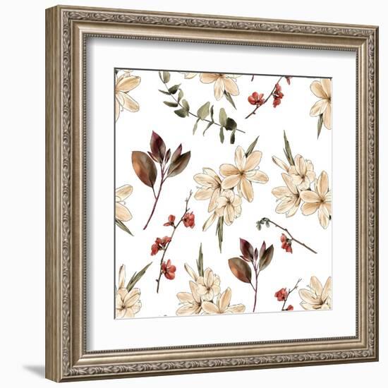 Seamless Floral Boho Print with White Flowers and White Background-Materinstvo_eto-Framed Art Print