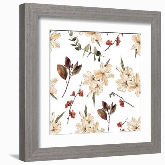 Seamless Floral Boho Print with White Flowers and White Background-Materinstvo_eto-Framed Art Print