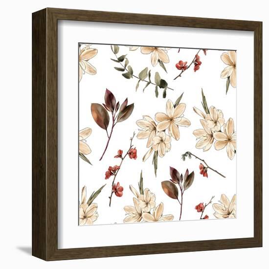 Seamless Floral Boho Print with White Flowers and White Background-Materinstvo_eto-Framed Art Print