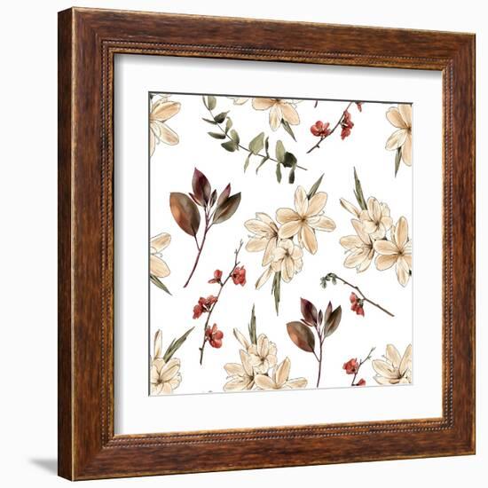 Seamless Floral Boho Print with White Flowers and White Background-Materinstvo_eto-Framed Art Print