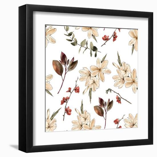 Seamless Floral Boho Print with White Flowers and White Background-Materinstvo_eto-Framed Art Print