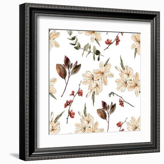 Seamless Floral Boho Print with White Flowers and White Background-Materinstvo_eto-Framed Art Print