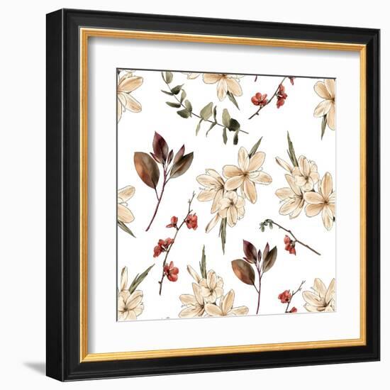 Seamless Floral Boho Print with White Flowers and White Background-Materinstvo_eto-Framed Art Print