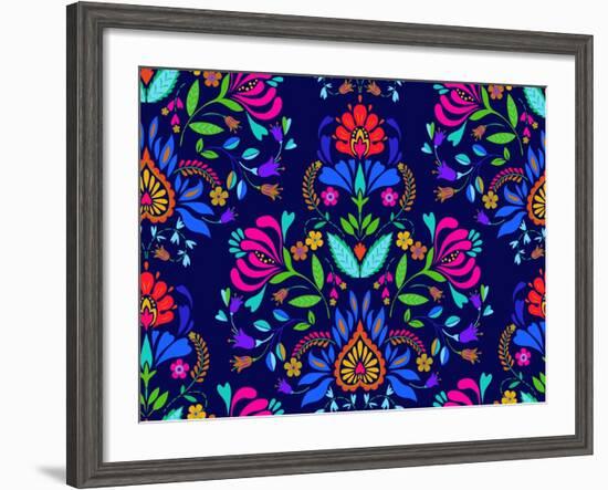 Seamless Floral Folk Pattern. Slavic European Style, Bright Colors, Dark Background. Decorative Flo-rosapompelmo-Framed Art Print