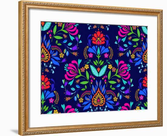 Seamless Floral Folk Pattern. Slavic European Style, Bright Colors, Dark Background. Decorative Flo-rosapompelmo-Framed Art Print