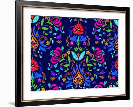 Seamless Floral Folk Pattern. Slavic European Style, Bright Colors, Dark Background. Decorative Flo-rosapompelmo-Framed Art Print