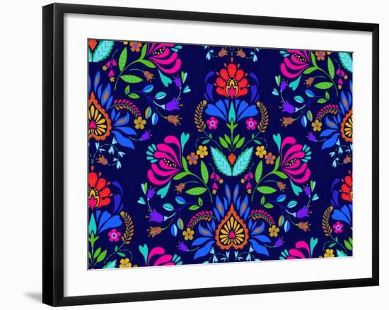 Seamless Floral Folk Pattern. Slavic European Style, Bright Colors, Dark Background. Decorative Flo-rosapompelmo-Framed Art Print