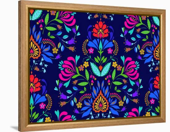 Seamless Floral Folk Pattern. Slavic European Style, Bright Colors, Dark Background. Decorative Flo-rosapompelmo-Framed Stretched Canvas