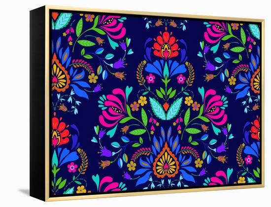 Seamless Floral Folk Pattern. Slavic European Style, Bright Colors, Dark Background. Decorative Flo-rosapompelmo-Framed Stretched Canvas