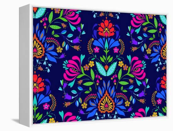 Seamless Floral Folk Pattern. Slavic European Style, Bright Colors, Dark Background. Decorative Flo-rosapompelmo-Framed Stretched Canvas