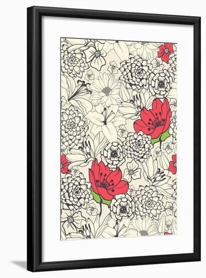 Seamless Floral Pattern with Red Flowers on Monochrome Background-DeMih-Framed Art Print