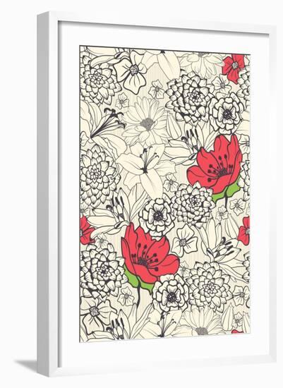 Seamless Floral Pattern with Red Flowers on Monochrome Background-DeMih-Framed Art Print