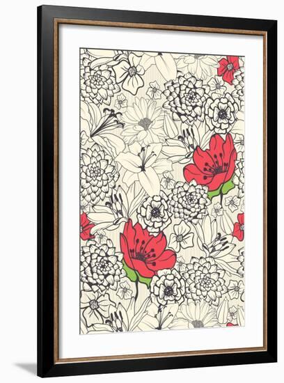 Seamless Floral Pattern with Red Flowers on Monochrome Background-DeMih-Framed Art Print