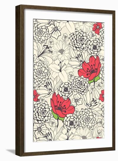 Seamless Floral Pattern with Red Flowers on Monochrome Background-DeMih-Framed Art Print