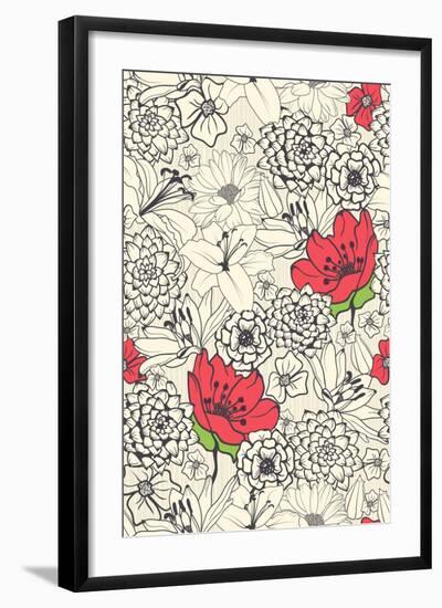 Seamless Floral Pattern with Red Flowers on Monochrome Background-DeMih-Framed Art Print