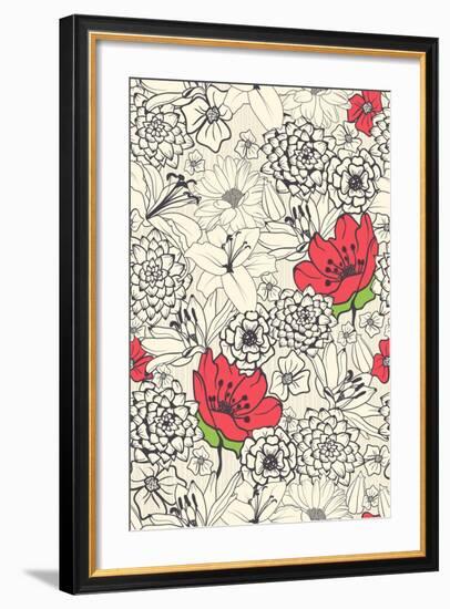 Seamless Floral Pattern with Red Flowers on Monochrome Background-DeMih-Framed Art Print