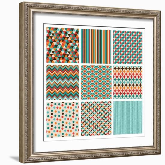 Seamless Geometric Hipster Background Set. Retro Vintage Seamless Patterns. Vector Illustration-OliaFedorovsky-Framed Art Print