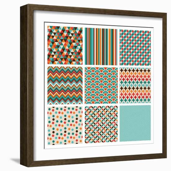 Seamless Geometric Hipster Background Set. Retro Vintage Seamless Patterns. Vector Illustration-OliaFedorovsky-Framed Art Print