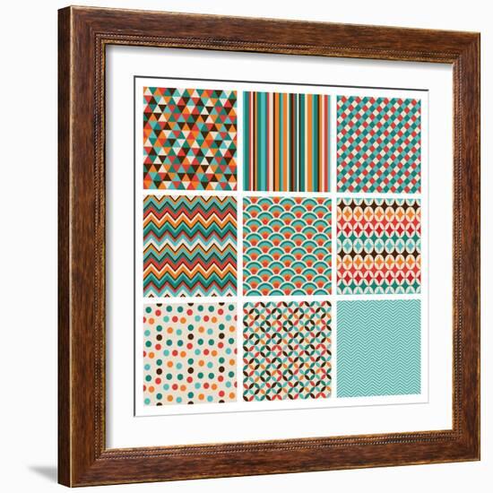 Seamless Geometric Hipster Background Set. Retro Vintage Seamless Patterns. Vector Illustration-OliaFedorovsky-Framed Art Print