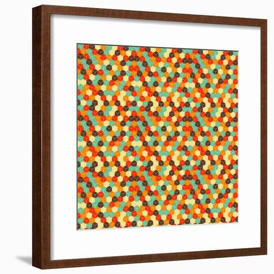 Seamless Hexagonal - Cube, Cubic, Honeycomb; Pattern, 3D Illusion, in Vintage Colors-Ravennka-Framed Premium Giclee Print