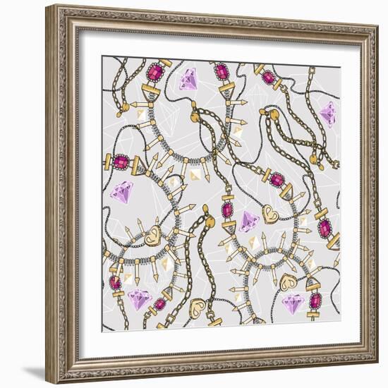 Seamless Pastel Jewelery Necklace Kaleidoscope Pattern. Background with Colorful Gemstones and Diam-cherry blossom girl-Framed Art Print