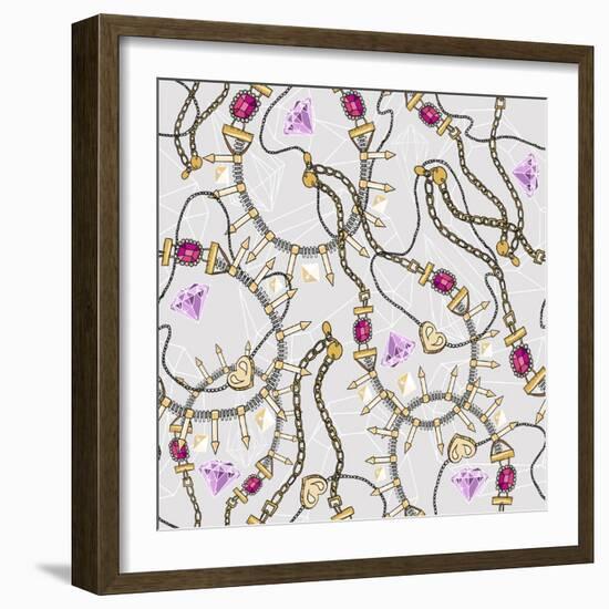 Seamless Pastel Jewelery Necklace Kaleidoscope Pattern. Background with Colorful Gemstones and Diam-cherry blossom girl-Framed Art Print