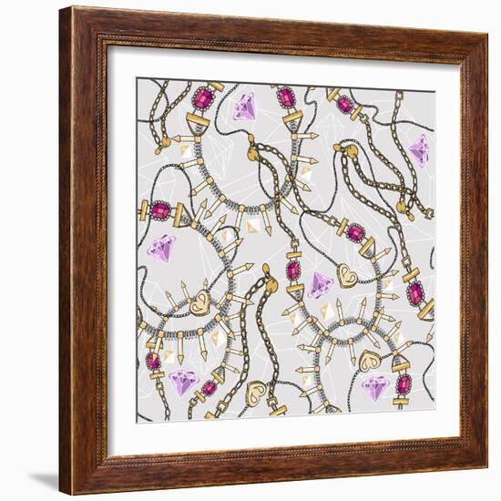 Seamless Pastel Jewelery Necklace Kaleidoscope Pattern. Background with Colorful Gemstones and Diam-cherry blossom girl-Framed Art Print