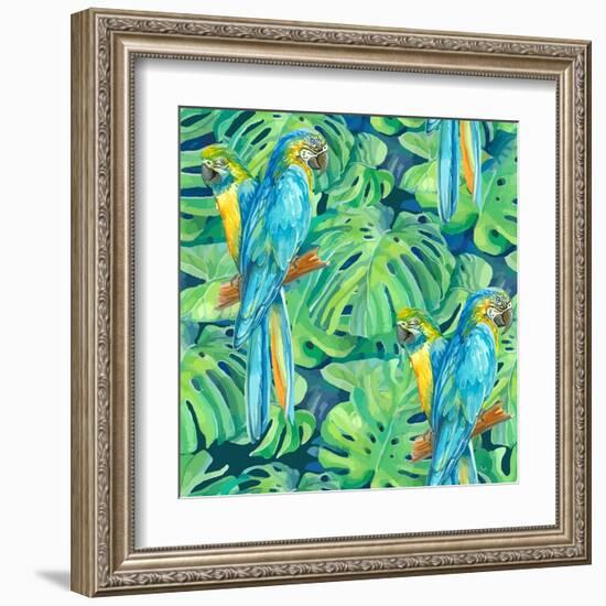 Seamless Pattern Element of Two Ara Parrots and Leaves of Monstera-NadiiaZ-Framed Art Print