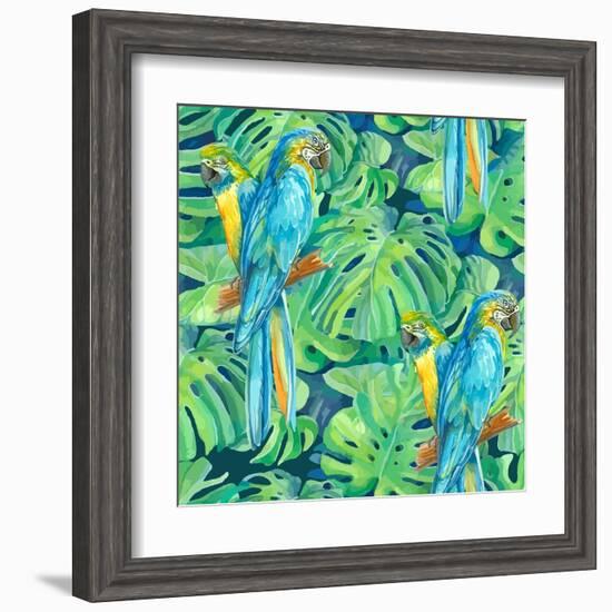 Seamless Pattern Element of Two Ara Parrots and Leaves of Monstera-NadiiaZ-Framed Art Print