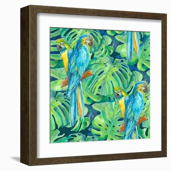 Seamless Pattern Element of Two Ara Parrots and Leaves of Monstera-NadiiaZ-Framed Art Print