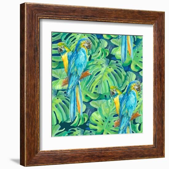 Seamless Pattern Element of Two Ara Parrots and Leaves of Monstera-NadiiaZ-Framed Art Print