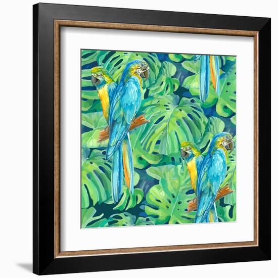 Seamless Pattern Element of Two Ara Parrots and Leaves of Monstera-NadiiaZ-Framed Art Print