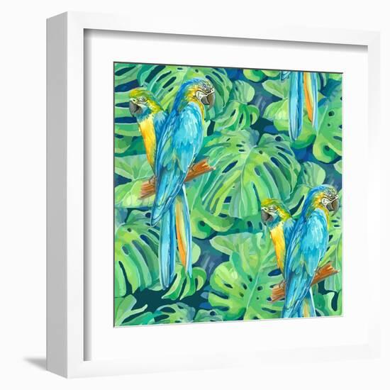 Seamless Pattern Element of Two Ara Parrots and Leaves of Monstera-NadiiaZ-Framed Art Print