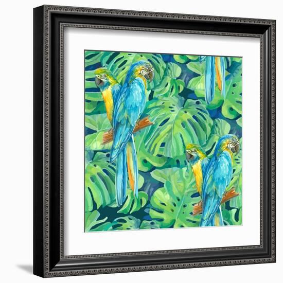 Seamless Pattern Element of Two Ara Parrots and Leaves of Monstera-NadiiaZ-Framed Art Print