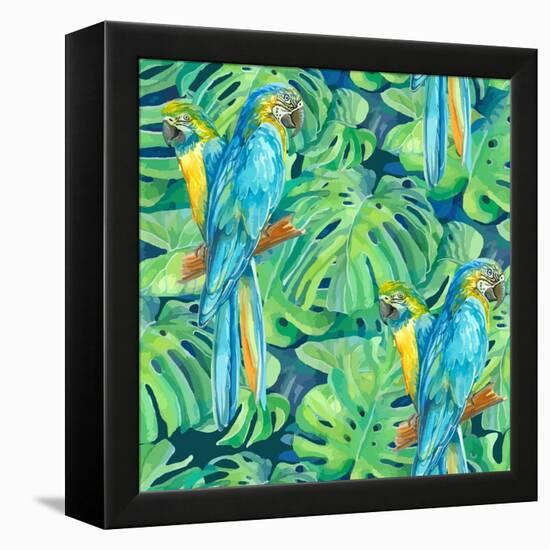 Seamless Pattern Element of Two Ara Parrots and Leaves of Monstera-NadiiaZ-Framed Stretched Canvas