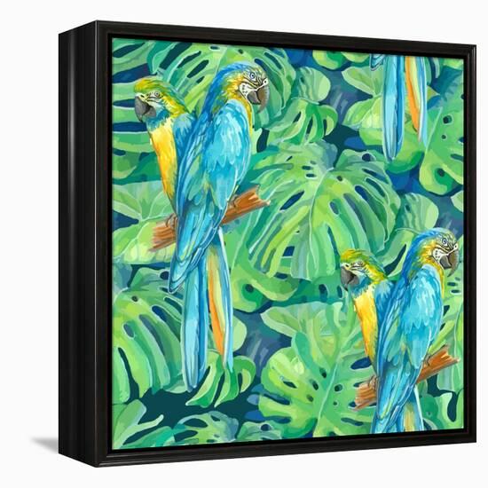 Seamless Pattern Element of Two Ara Parrots and Leaves of Monstera-NadiiaZ-Framed Stretched Canvas