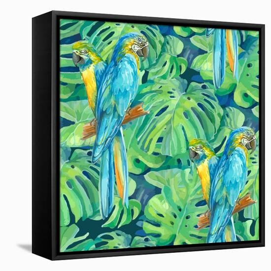 Seamless Pattern Element of Two Ara Parrots and Leaves of Monstera-NadiiaZ-Framed Stretched Canvas