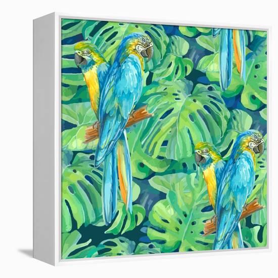 Seamless Pattern Element of Two Ara Parrots and Leaves of Monstera-NadiiaZ-Framed Stretched Canvas