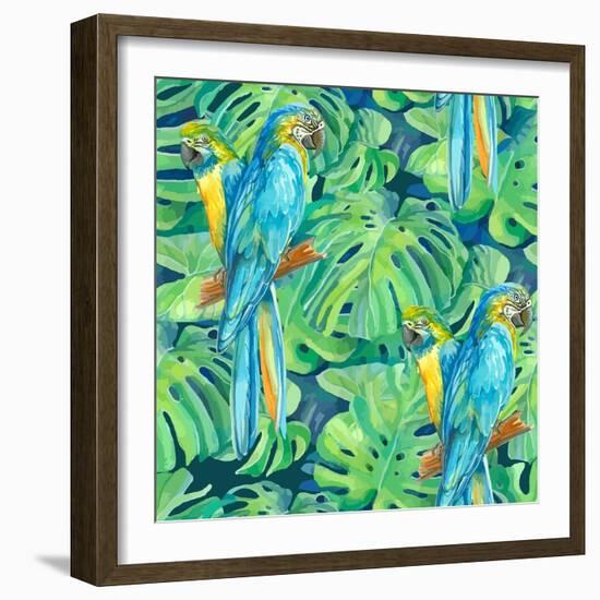 Seamless Pattern Element of Two Ara Parrots and Leaves of Monstera-NadiiaZ-Framed Premium Giclee Print