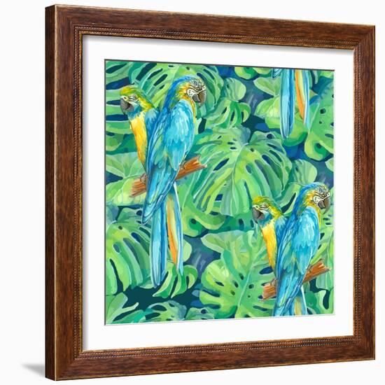 Seamless Pattern Element of Two Ara Parrots and Leaves of Monstera-NadiiaZ-Framed Premium Giclee Print