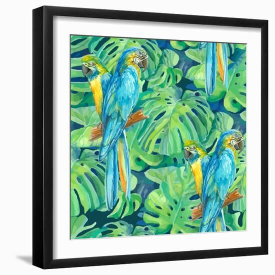 Seamless Pattern Element of Two Ara Parrots and Leaves of Monstera-NadiiaZ-Framed Premium Giclee Print